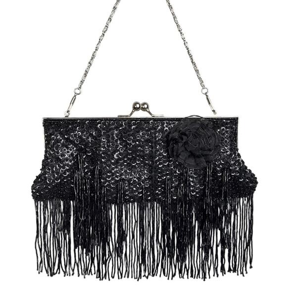 Beaded Black Evening Bag Clutch Kisslock Closure Beaded Fringe Silver Hardware - Picture 1 of 8